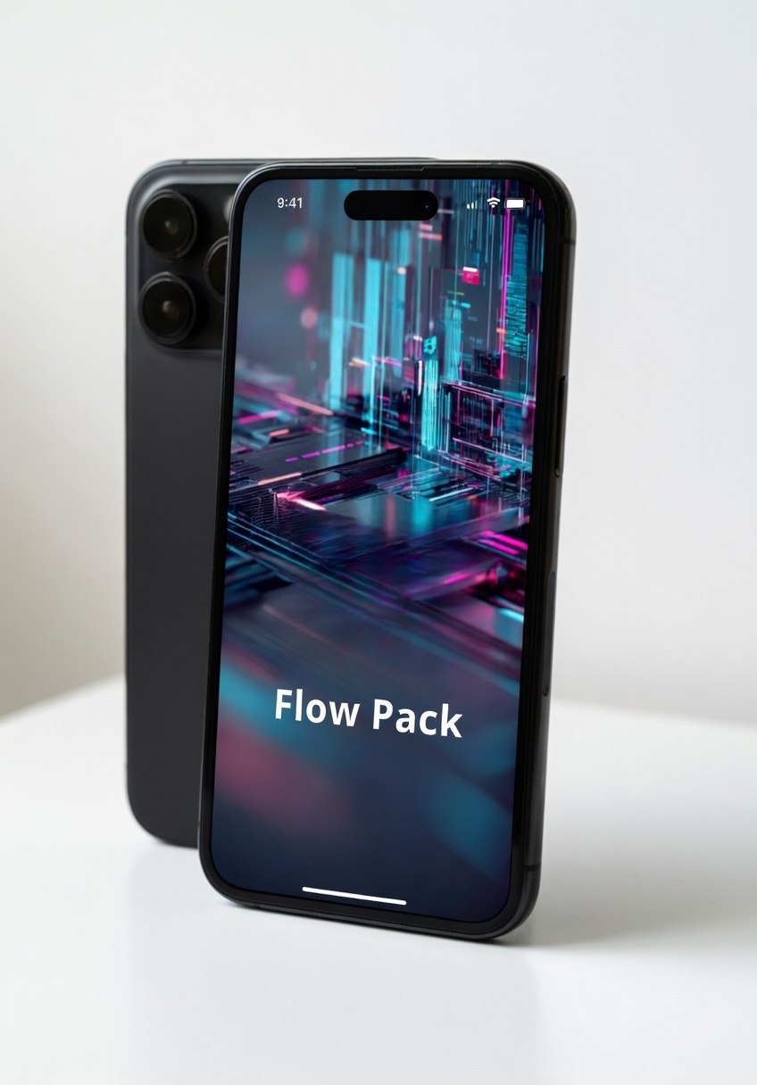 Smartphone with 'Flow Pack' on screen against a white background