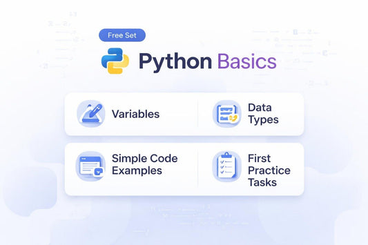 Python Basics course outline with icons and text on a light blue background