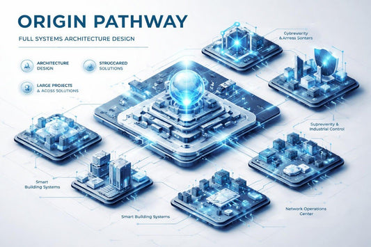 Diagram of a full systems architecture design with interconnected components on a light blue background.