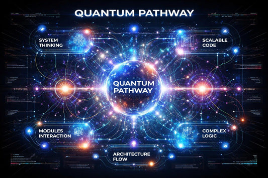 Diagram of 'Quantum Pathway' with various concepts and interactions on a dark background.