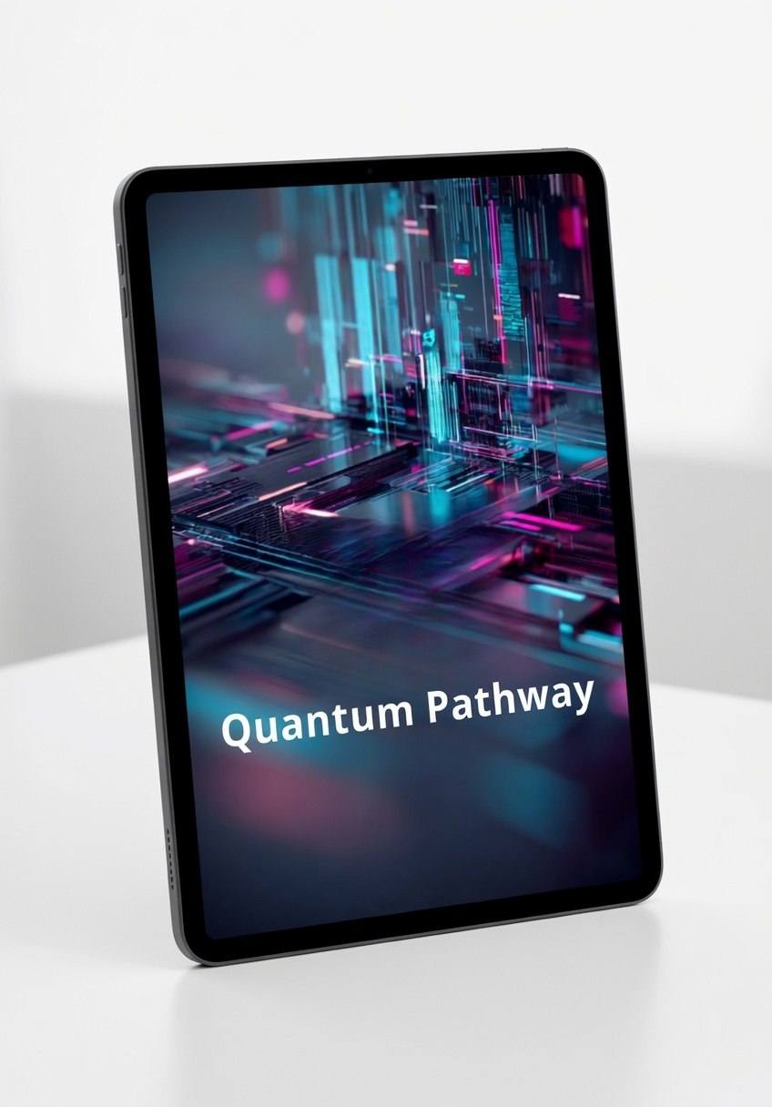 Tablet with 'Quantum Pathway' on screen against a white background