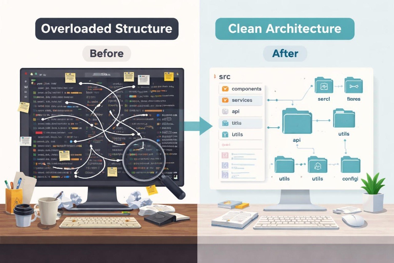 Comparison of overloaded structure on a computer screen before and clean architecture after.
