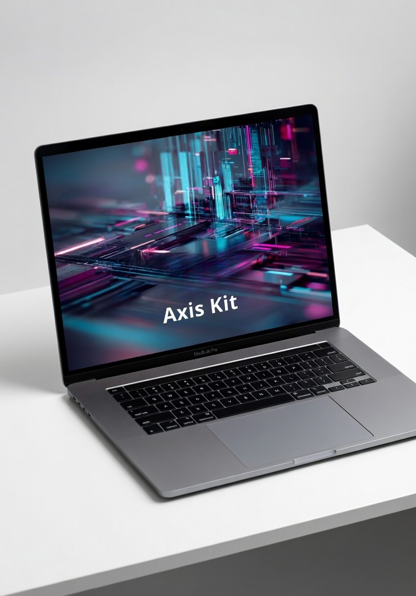Laptop on a white surface with 'Axis Kit' displayed on the screen