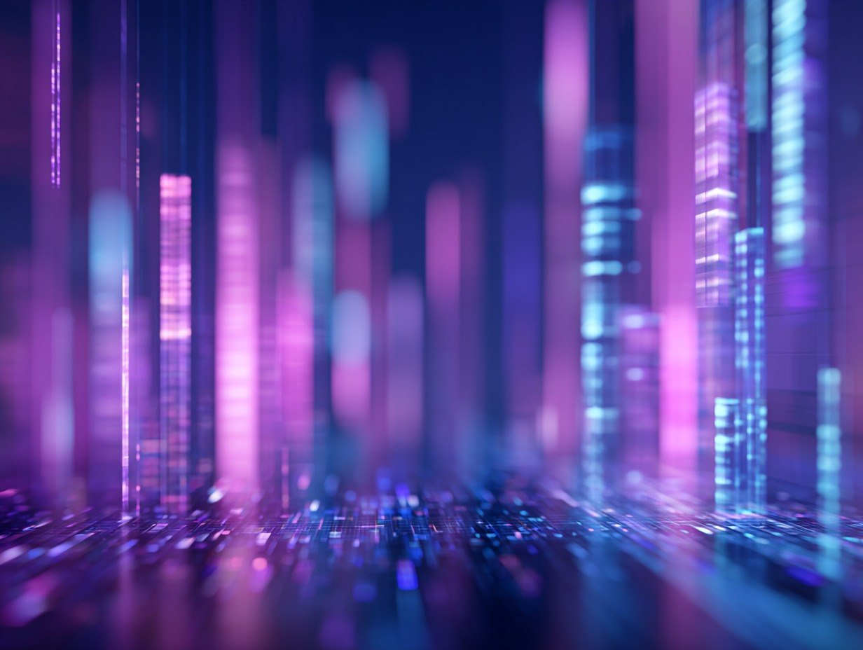 Futuristic cityscape with neon lights at night