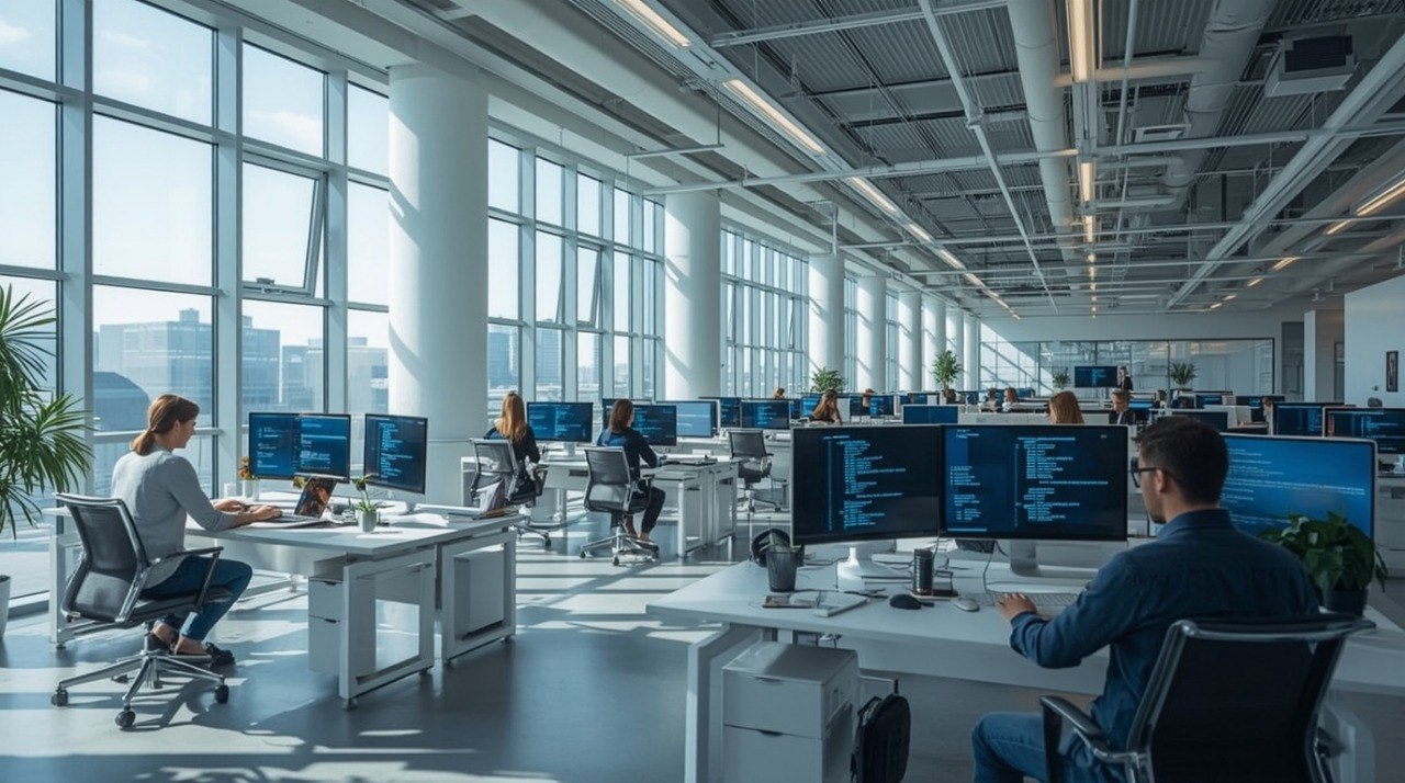Modern office with employees working at desks with multiple computer monitors.