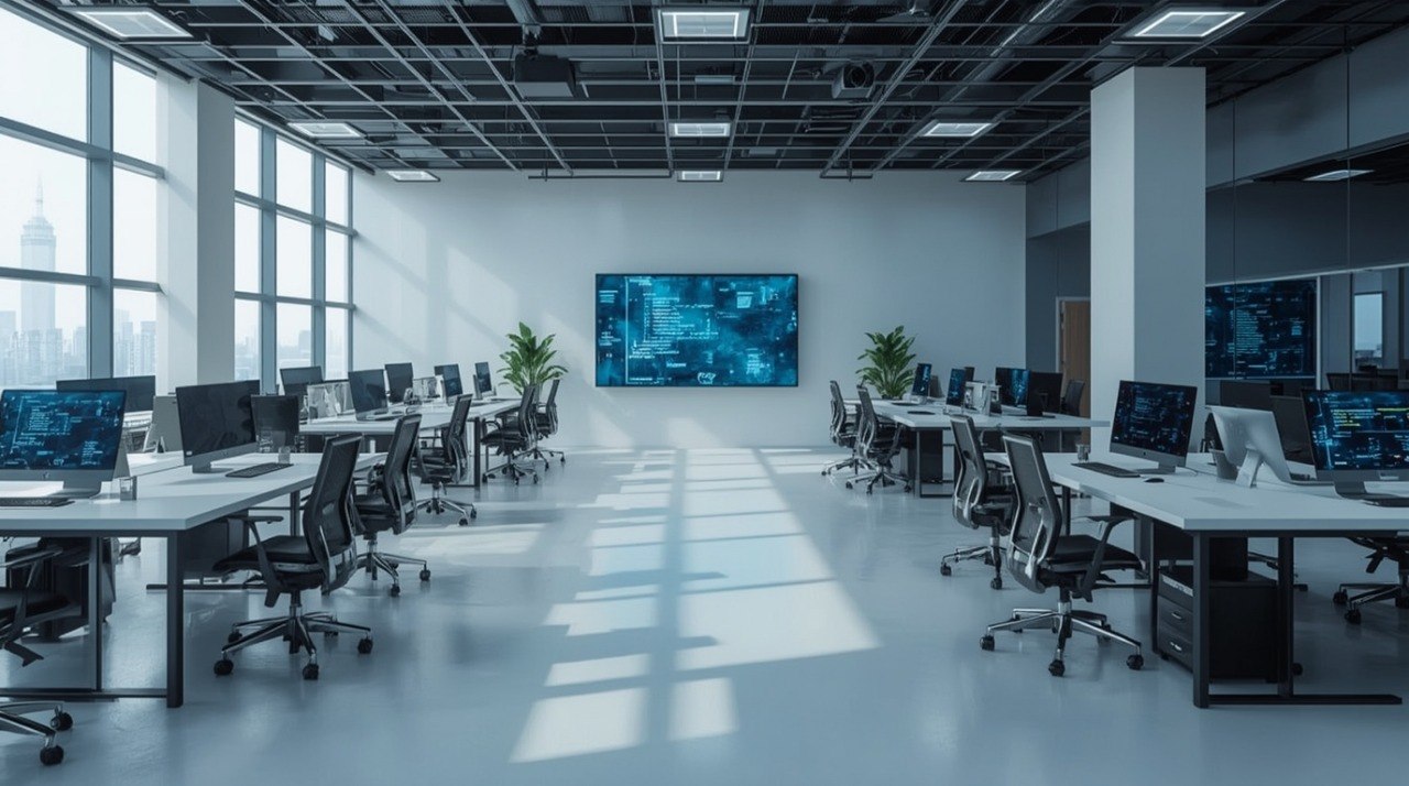 Modern office space with desks, chairs, and a large screen displaying data.