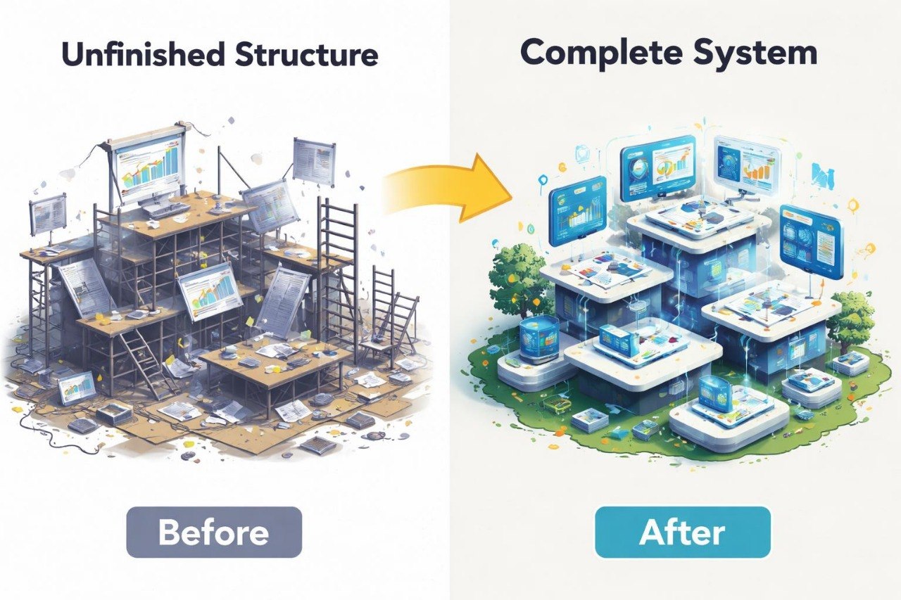 Illustration showing an unfinished computer system structure transforming into a complete system with technology and greenery.
