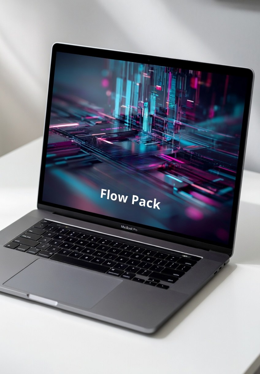 Laptop with a futuristic design on the screen displaying 'Flow Pack' on a white surface.