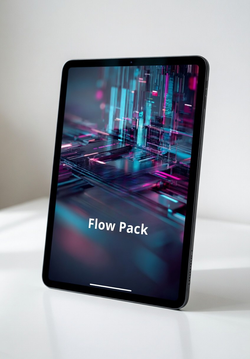 Tablet with a futuristic interface on the screen displaying 'Flow Pack' on a white background