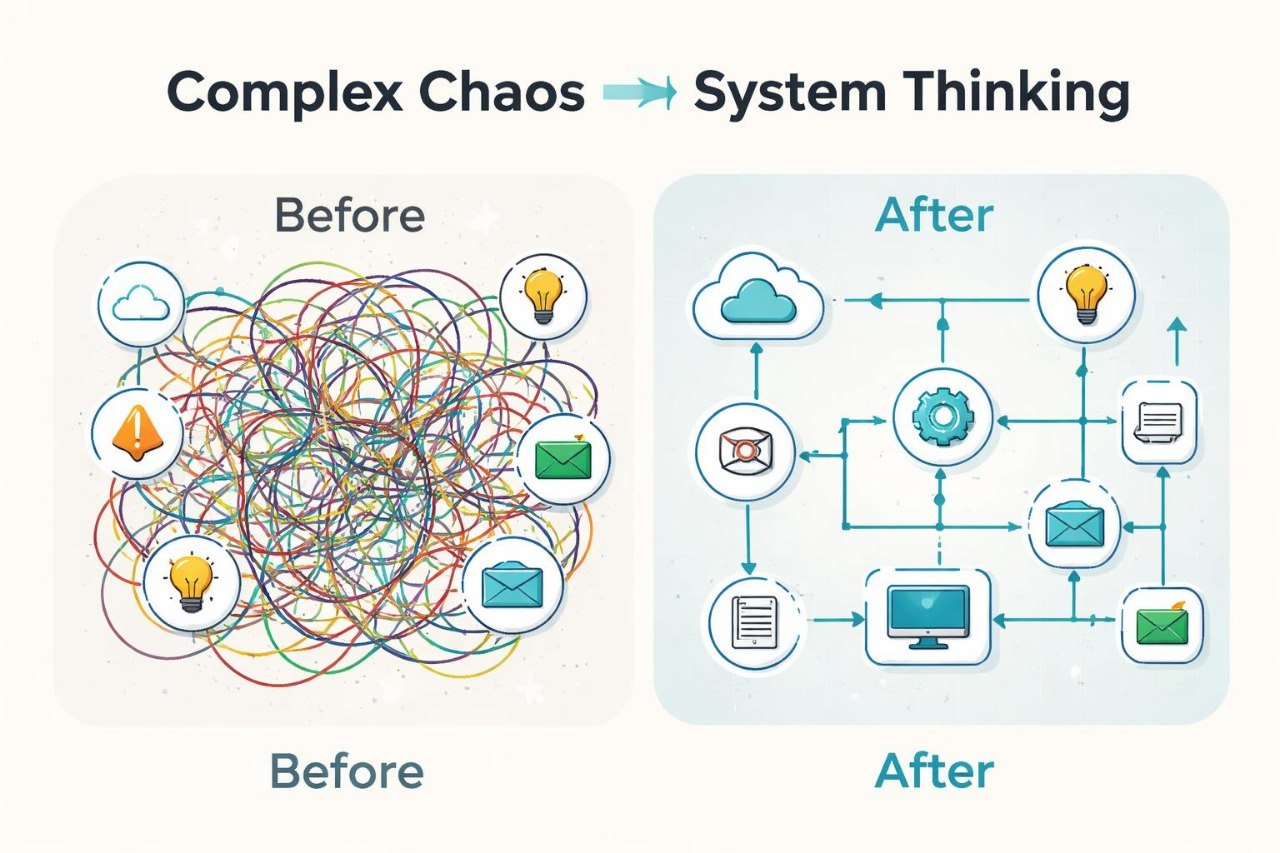 Diagram showing 'Complex Chaos' before and 'System Thinking' after with icons and arrows.