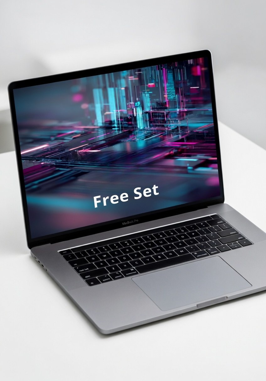 Laptop with a futuristic cityscape on the screen and 'Free Set' text.