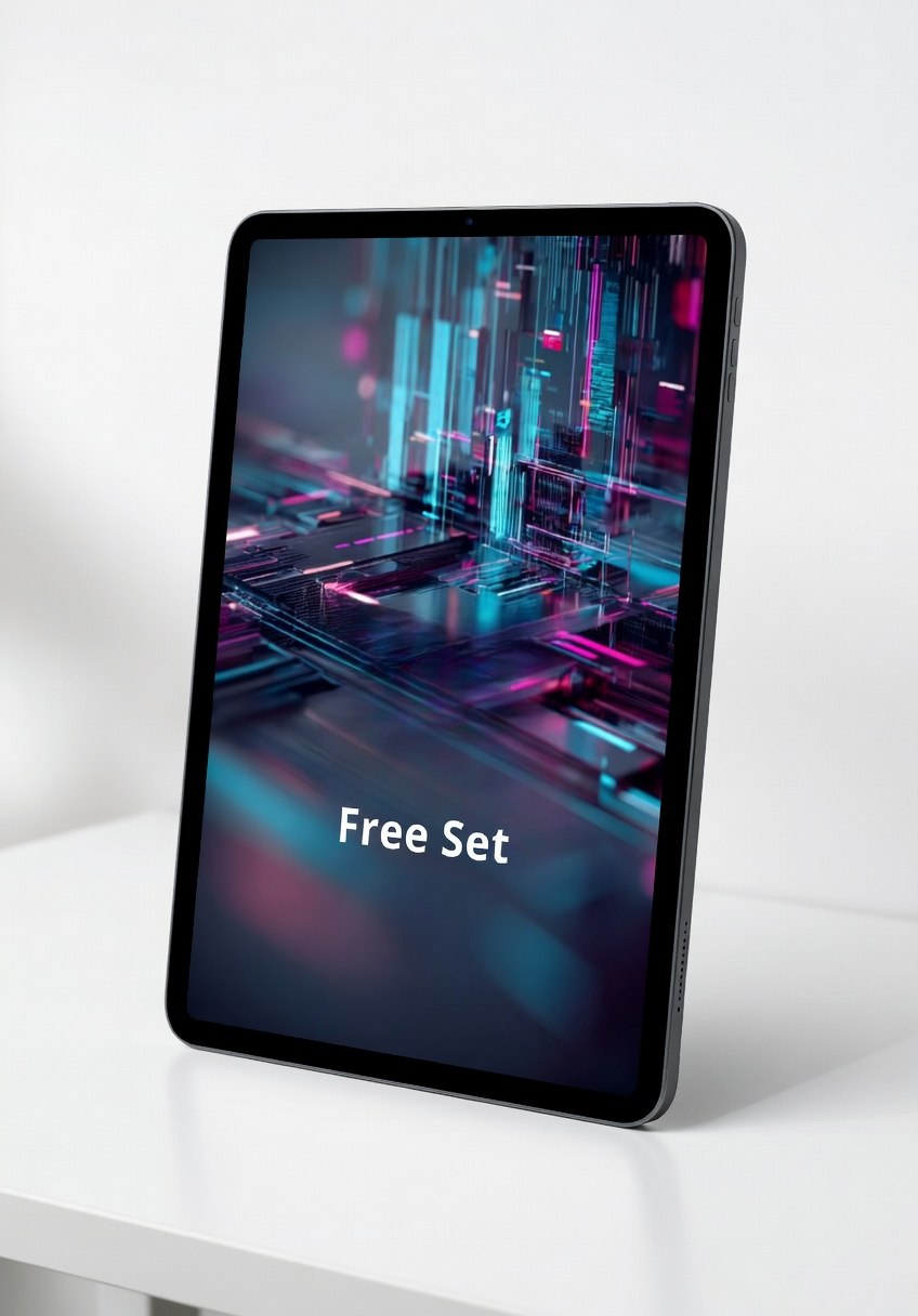 Tablet with a futuristic interface on a white surface