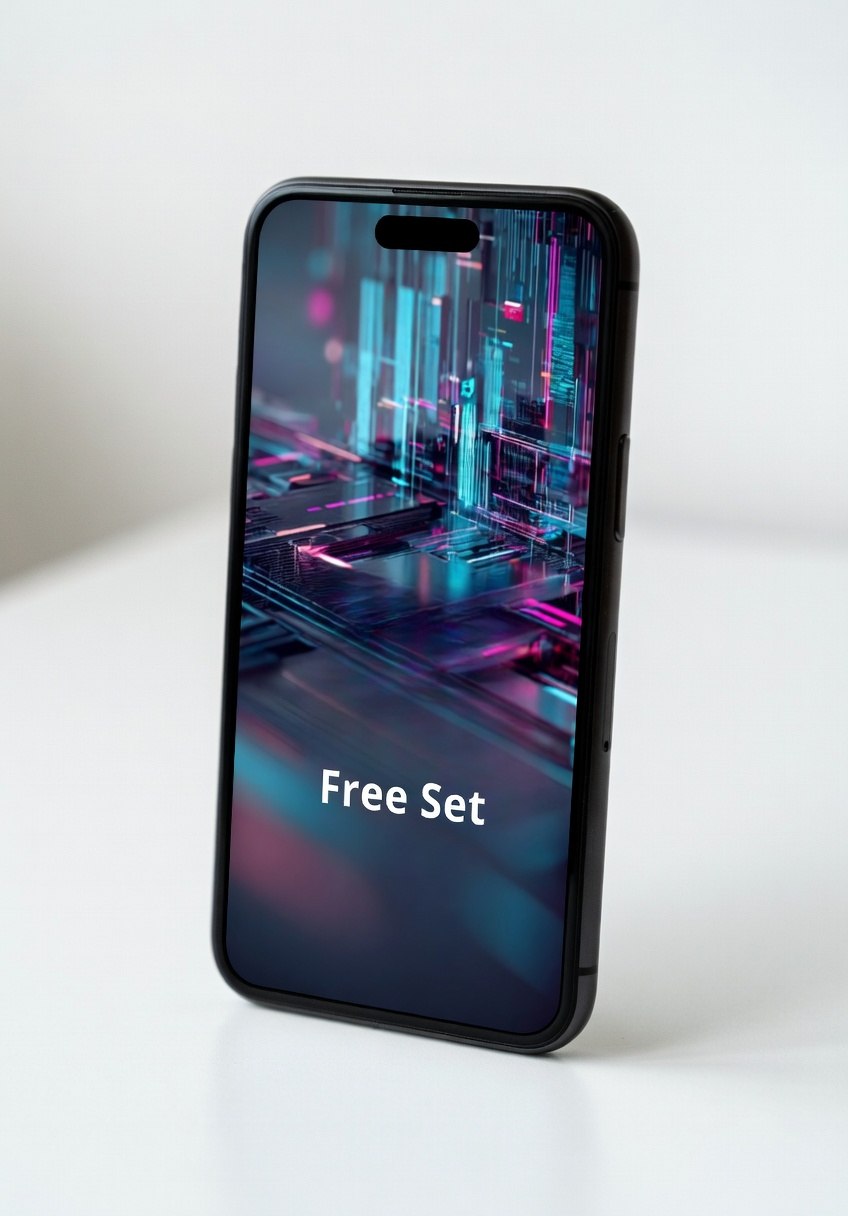 Smartphone with a futuristic cityscape on the screen against a white background