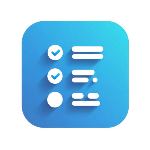 Blue square icon with white checkmarks and lines on a white background