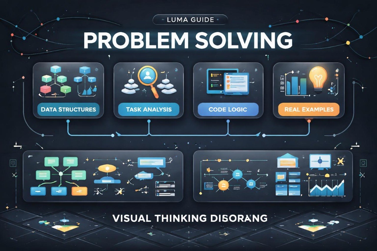 Diagram of problem-solving process with icons and text on a dark background