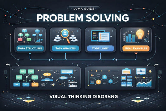 Diagram of problem-solving process with icons and text on a dark background