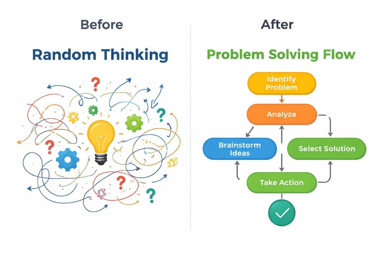 Comparison of 'Before' random thinking with 'After' problem-solving flow chart.