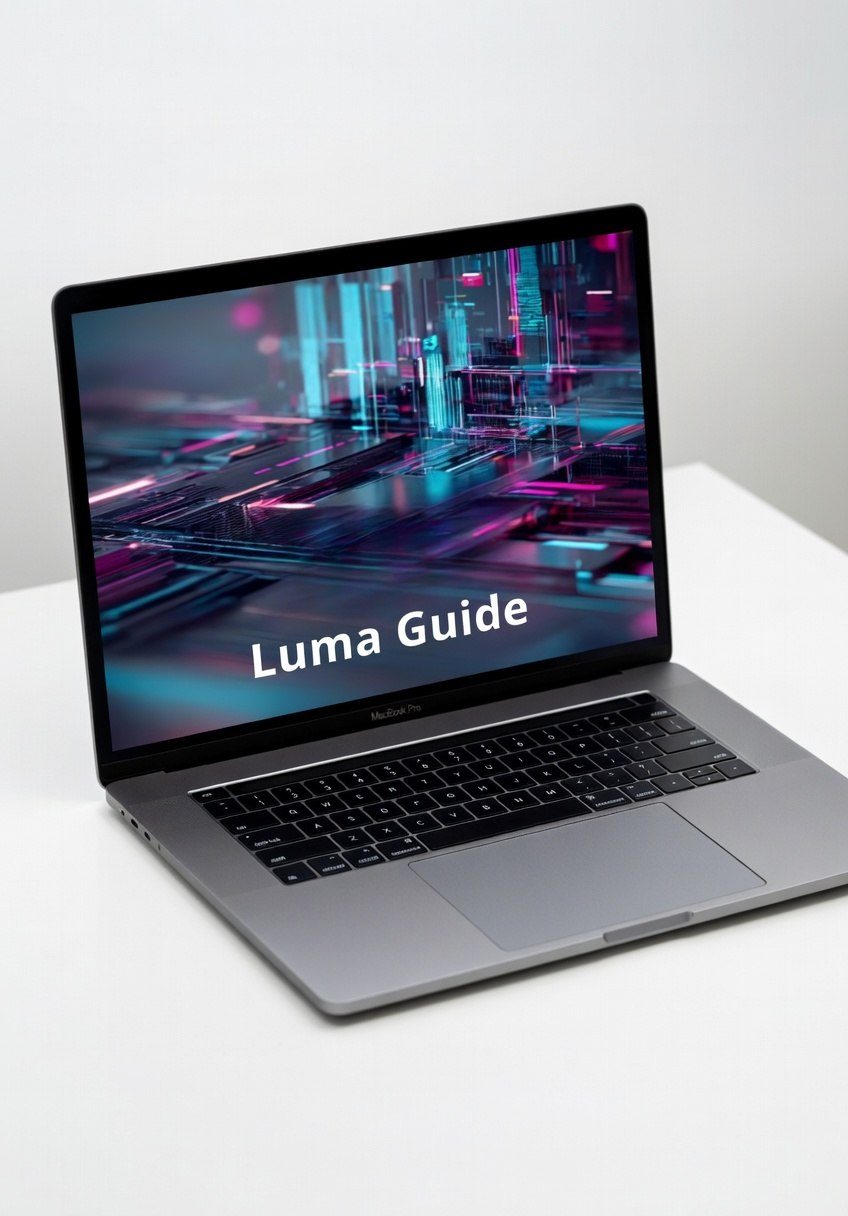 Laptop on a white surface with 'Luma Guide' displayed on the screen