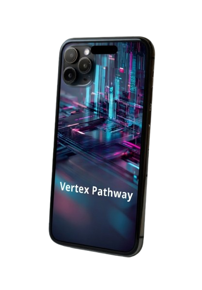Phone case with 'Vertex Pathway' branding on a white background