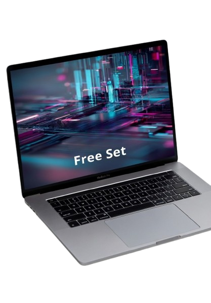 Laptop with a futuristic cityscape on the screen and 'Free Set' text.