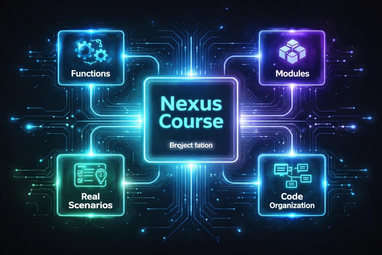 Digital illustration of a Nexus Course diagram with glowing blue text and icons on a dark background.