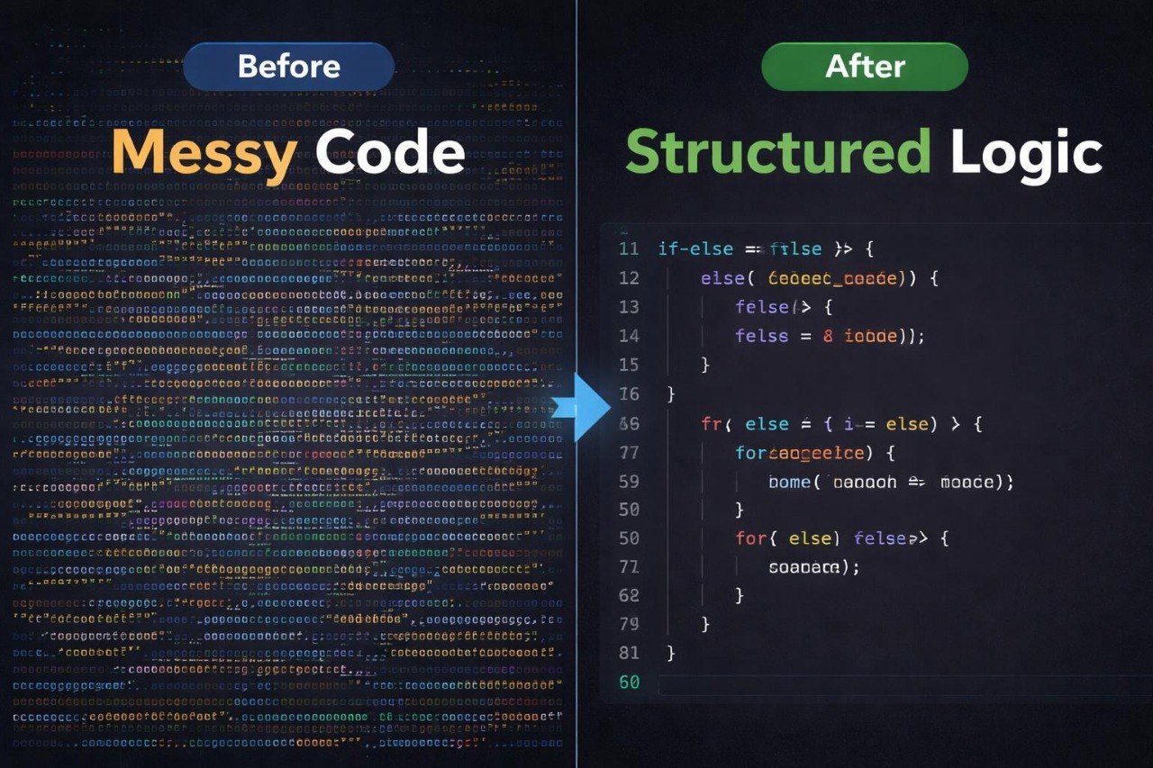 Comparison of messy code on the left and structured logic on the right with a blue arrow pointing from messy to structured.