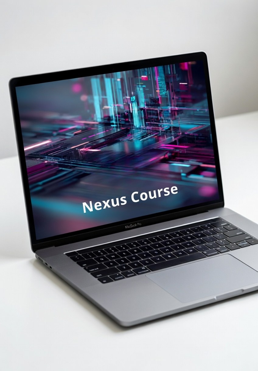 Laptop with 'Nexus Course' on screen on a white surface