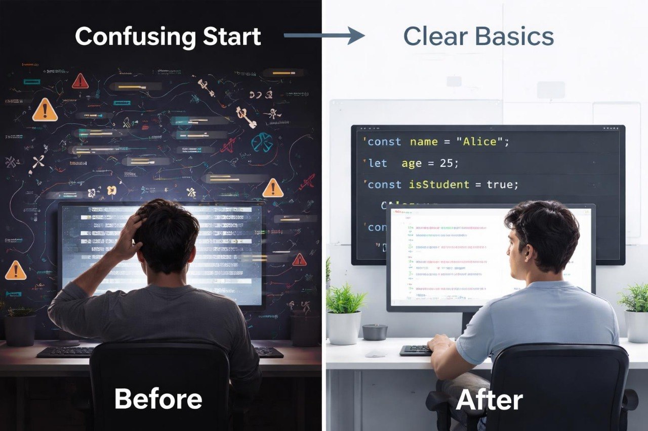 Before and after comparison of a person learning programming with confusing and clear visuals.