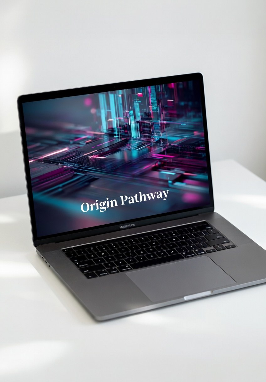 Laptop on a white surface with 'Origin Pathway' displayed on the screen