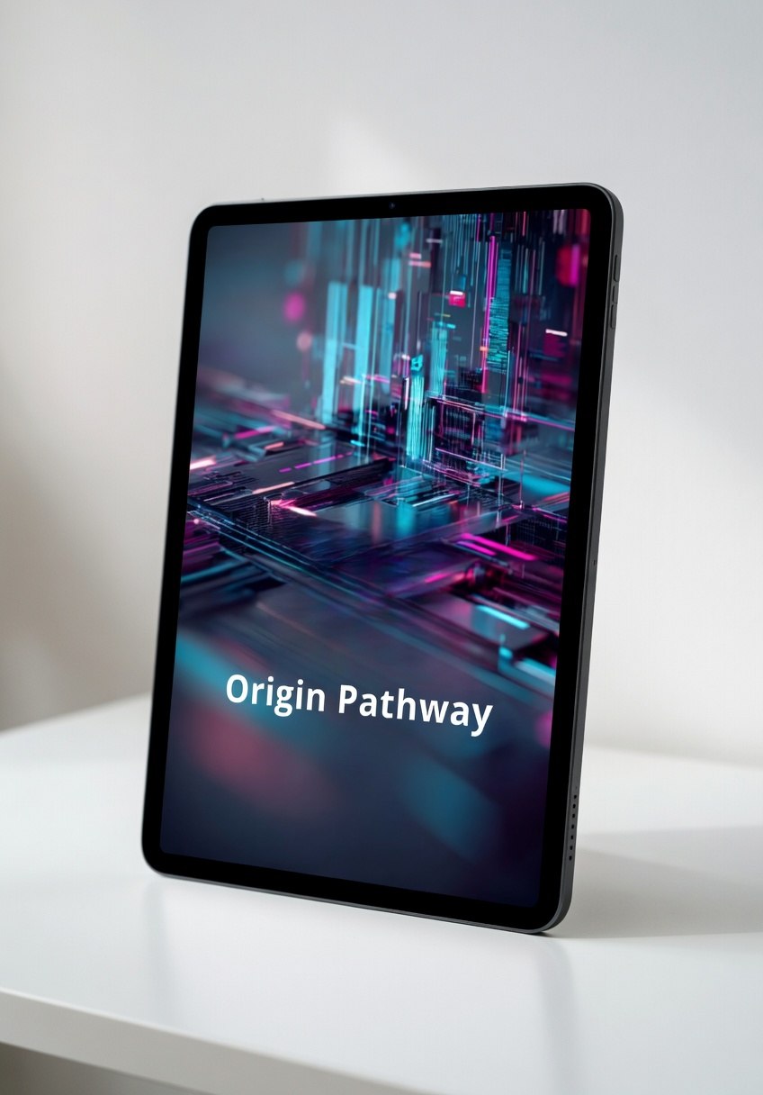 Tablet displaying 'Origin Pathway' on a white surface with a blurred background