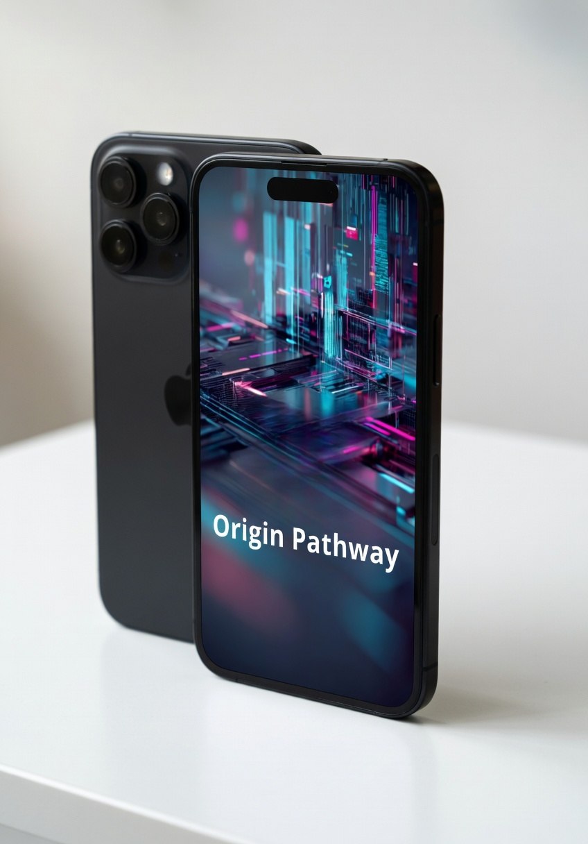 Black smartphone with 'Origin Pathway' app displayed on a white surface