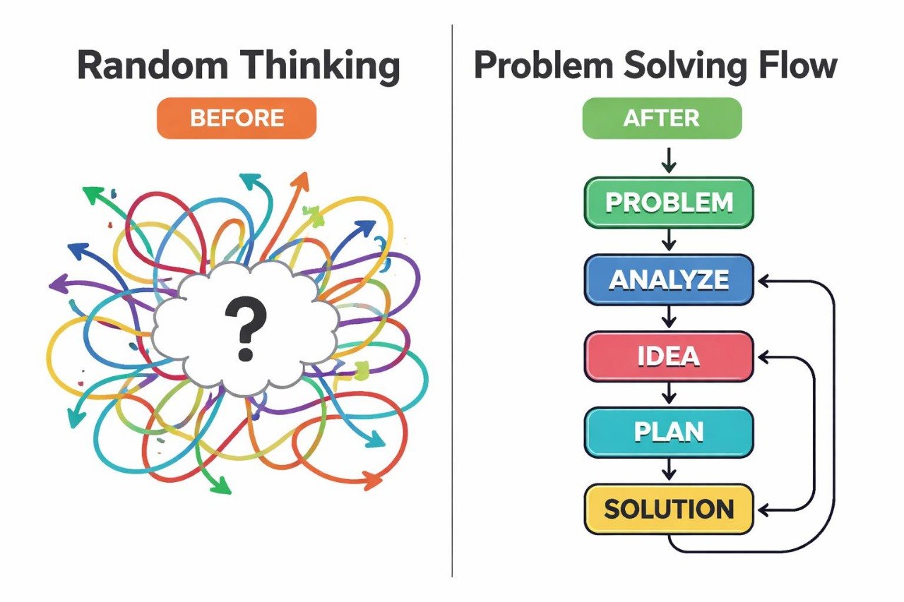 Diagram comparing 'Random Thinking' with 'Problem Solving Flow' on a white background.