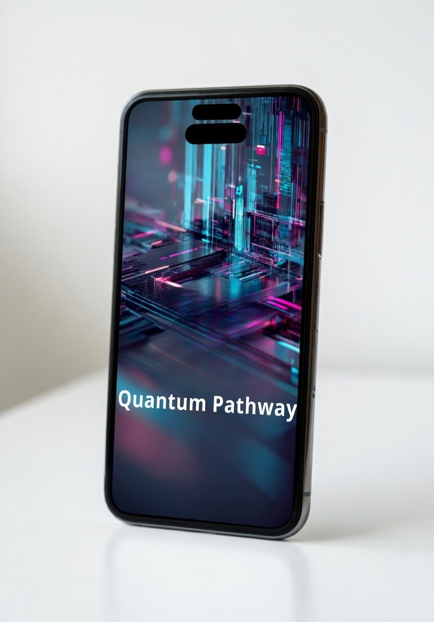 Phone with 'Quantum Pathway' display on a white background