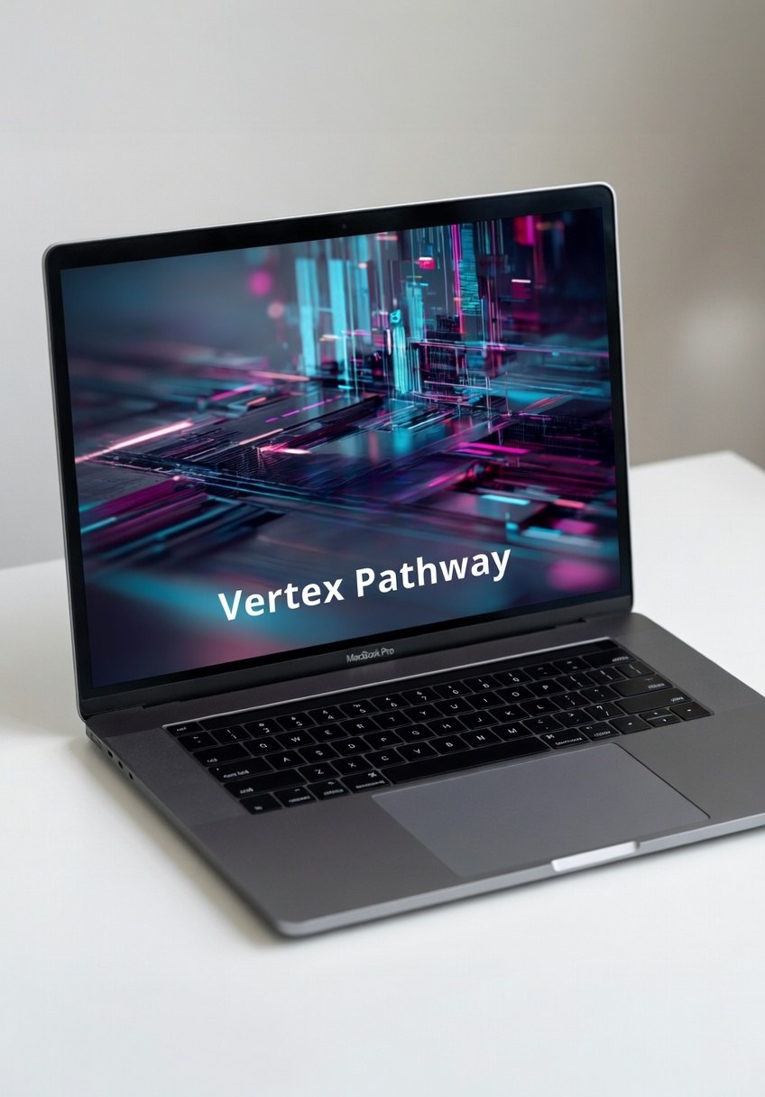 Laptop on a white surface with 'Vertex Pathway' displayed on the screen